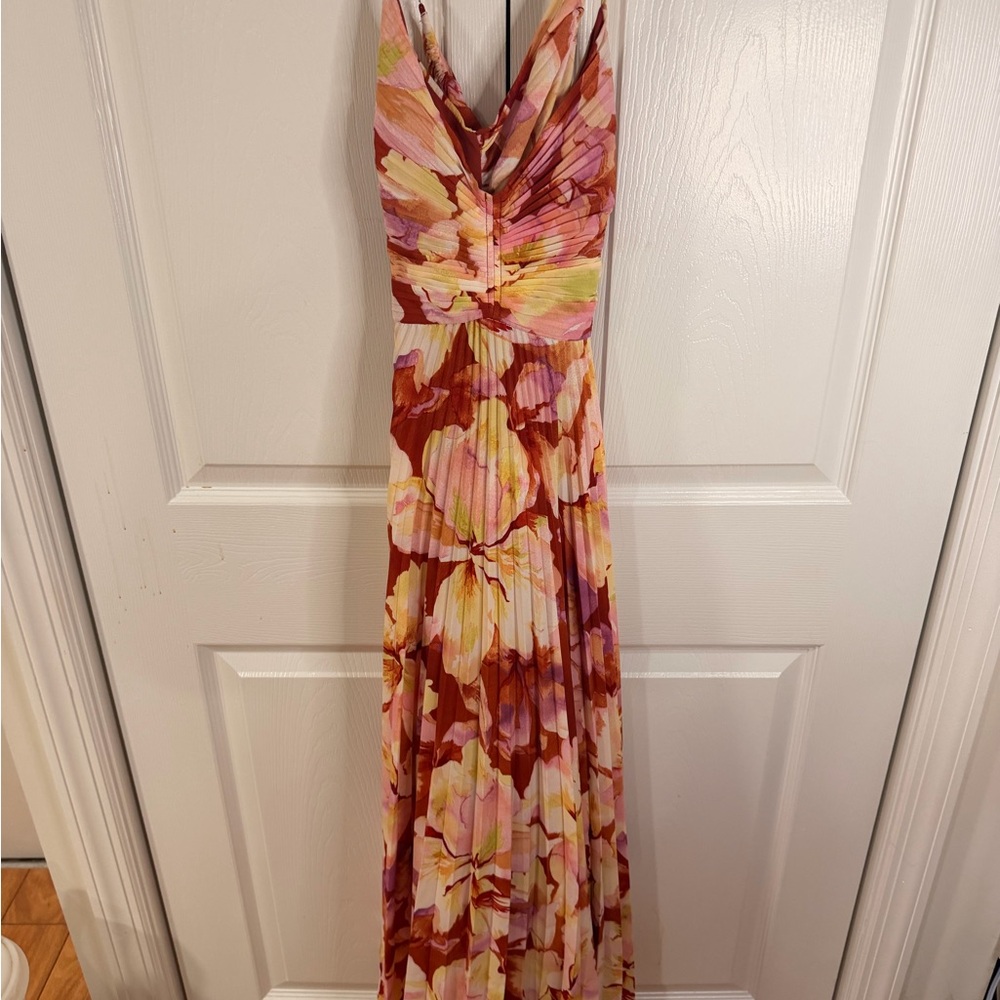 ASTR Floral Pleated Maxi Dress in Pink, Rust, Yellow